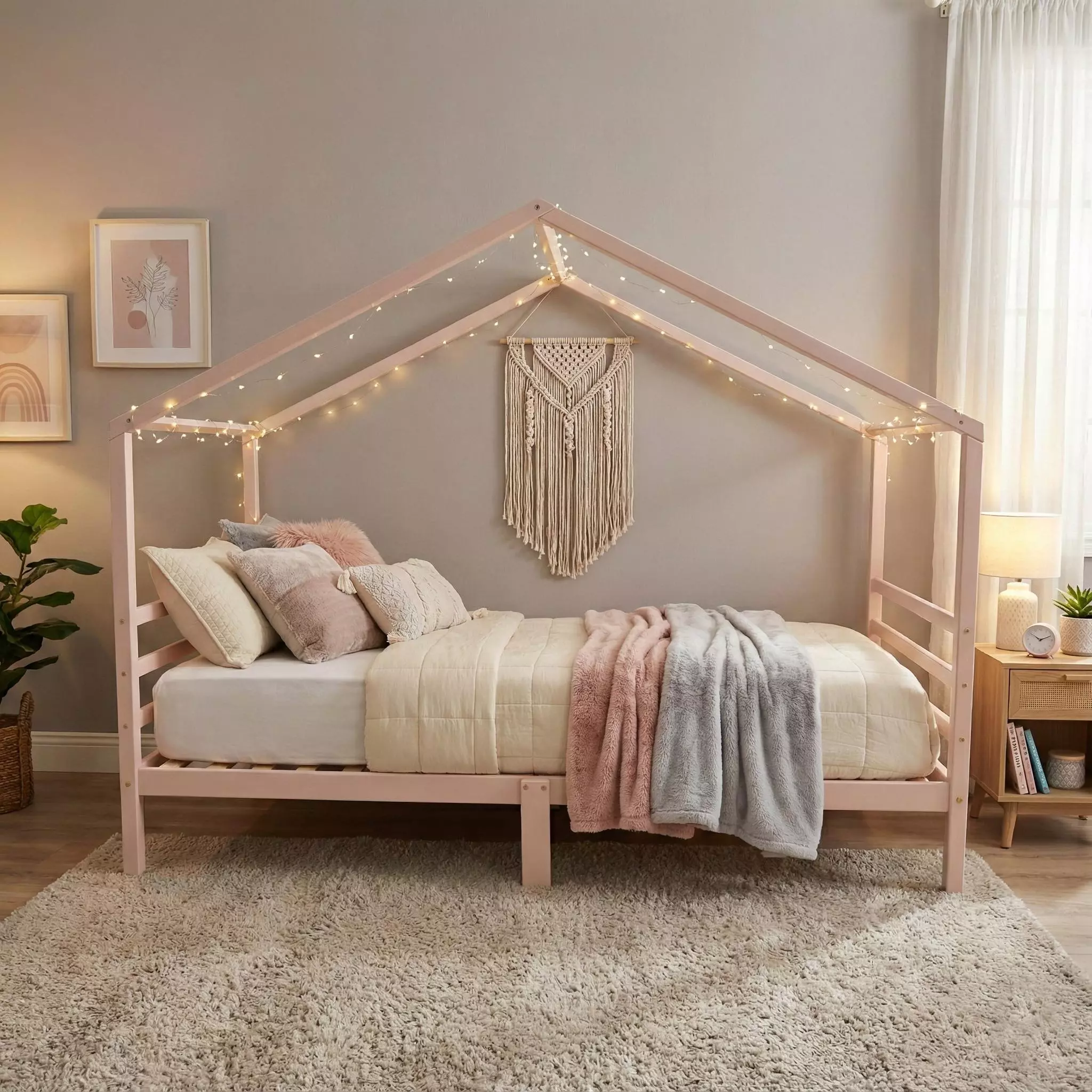 Roze kinderbedhuisje als meidenbed 90x200 cm van massief hout, ook mogelijk als andere houten bedhuisjes op maat.