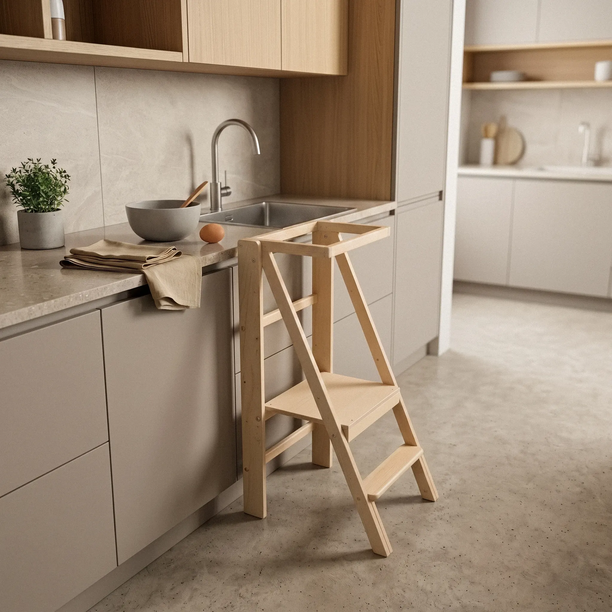 Houten leertoren inklapbaar Slim Authentiek in onbehandeld naturel hout, uitgeklapt bij het aanrecht in een lichte keuken – Barin Toys