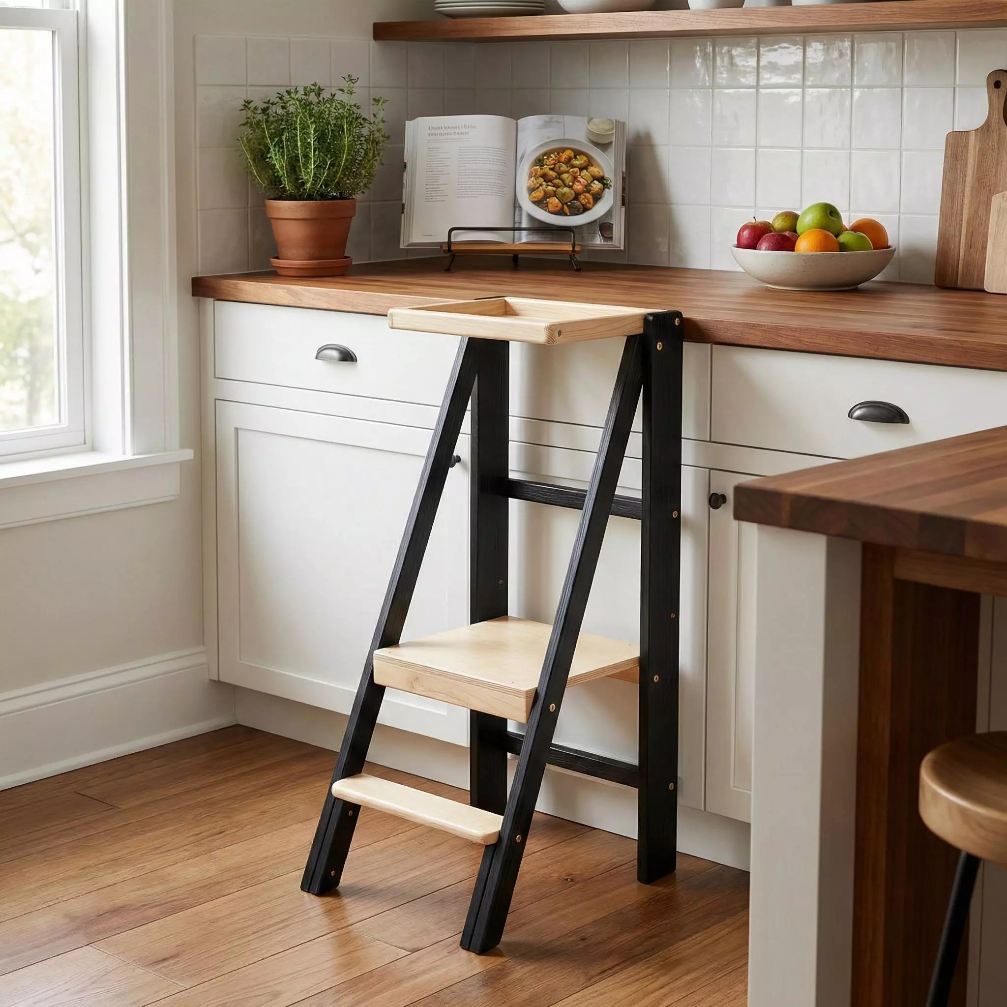 Leertoren inklapbaar Slim™ Black Loft van Barin Toys – multifunctioneel zwart opstapje in de modern keuken.