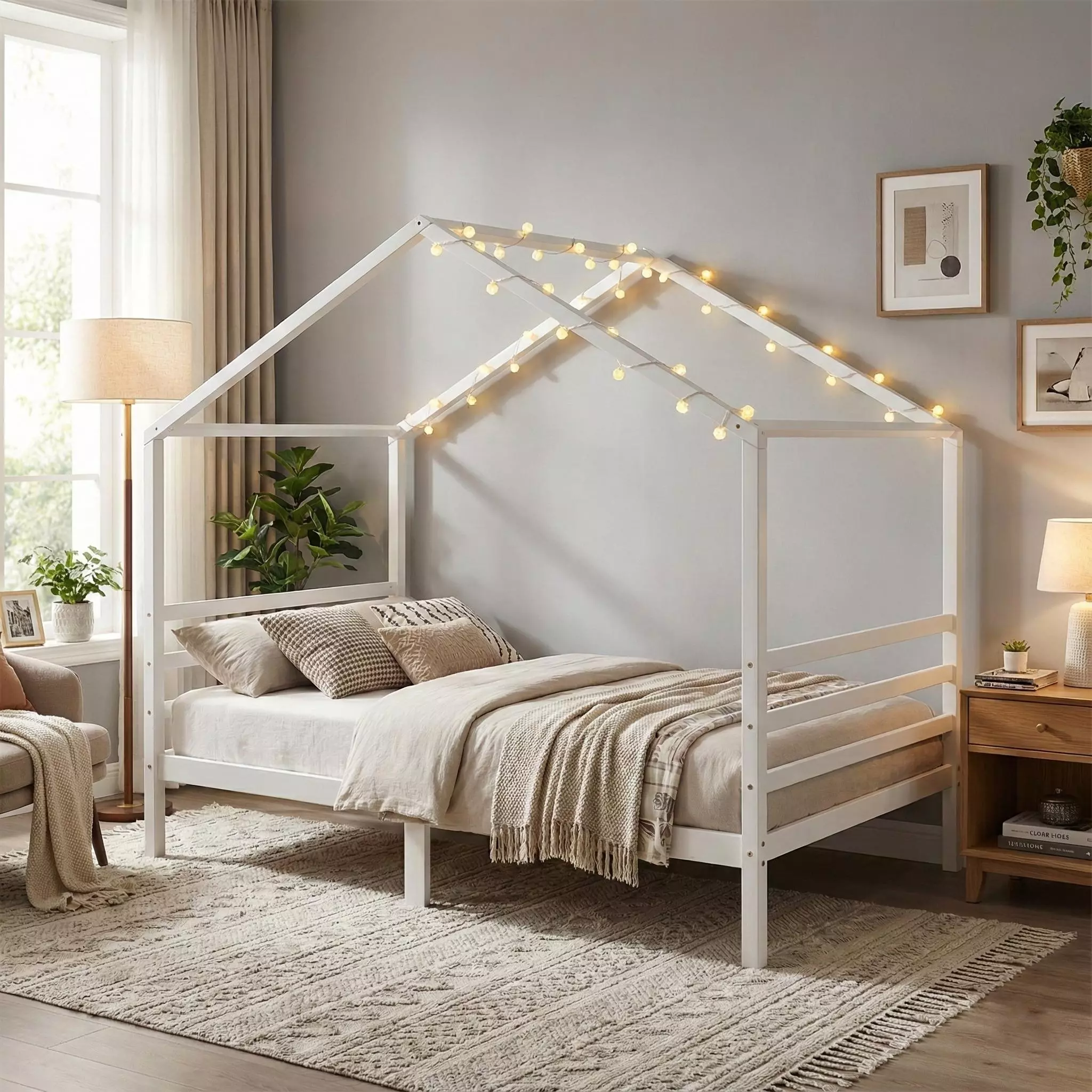 Bedhuisje als huisbed 90x200, wit eenpersoonsbed van massief hout