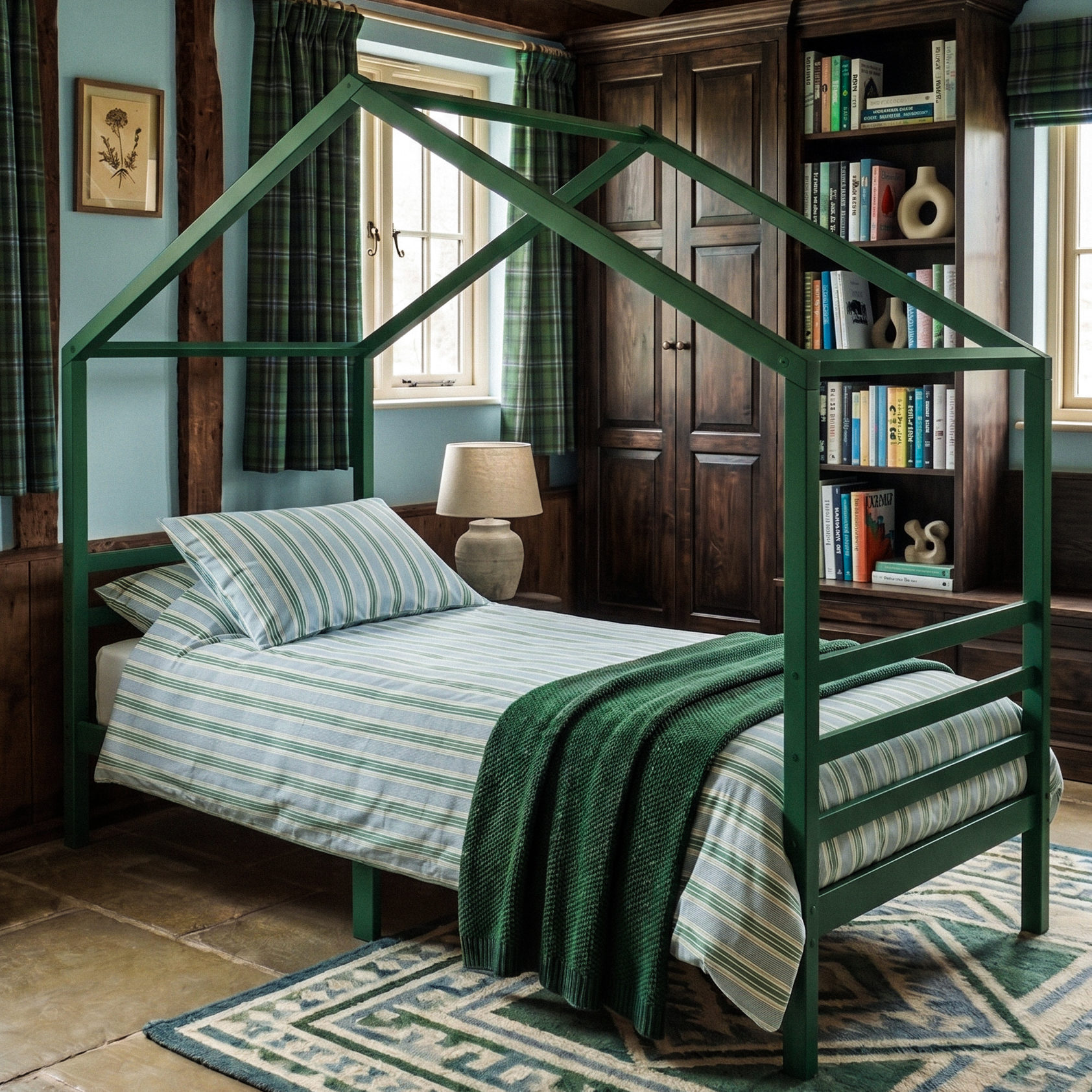 Bosgroen huisjesbed 90x200 cm van massief duurzaam hout met architectonisch dakframe als tienerbed voor de tienerkamer