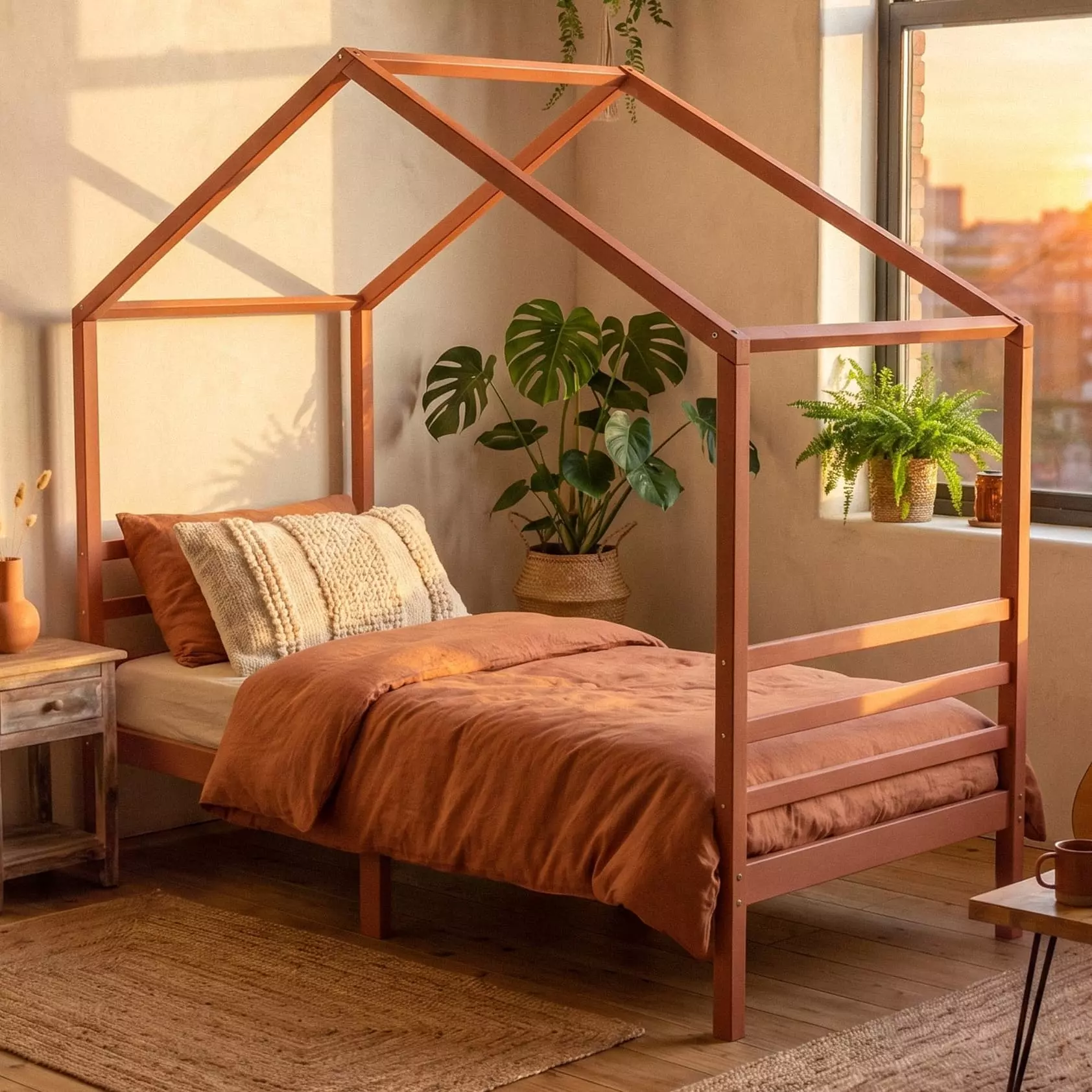 Terracotta huisjesbed 90x200 cm van massief duurzaam hout met architectonisch dakframe als tienerbed voor de tienerkamer