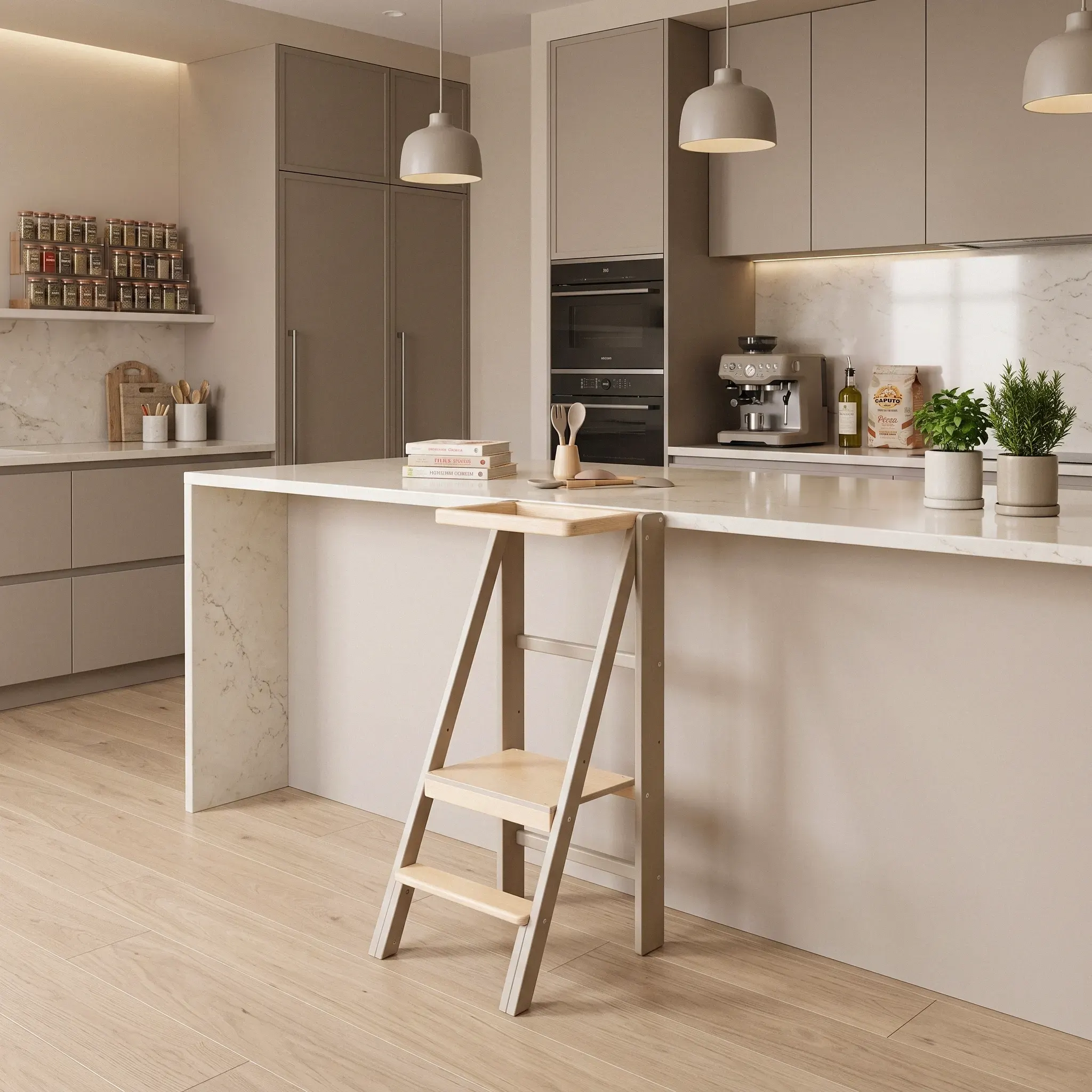 Leertoren 2 in 1 beige Slim Greige – keukenhulp voor kind en opstapje tot 95 kg – Barin Toys