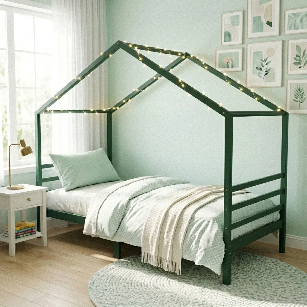 Bosgroen bedhuisje 90x200 van massief hout, donkergroen tienerbed met lichtslinger langs het dakframe in een mintgroene tienerkamer met botanische posters – gekleurd tienerbed van Barin Toys