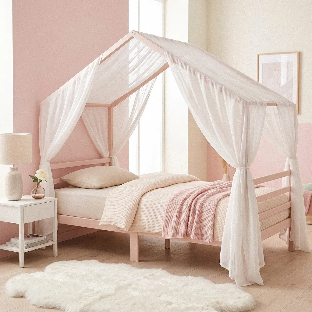 Meidenbed huisje roze 90x200 van massief grenenhout met wit tule hemeltje langs het dakframe, als peuterbed huisje 90x200 en meisjesbed, wafeldekbed en roze plaid tegen een zacht roze muur – roze bedhuisje van Barin Toys