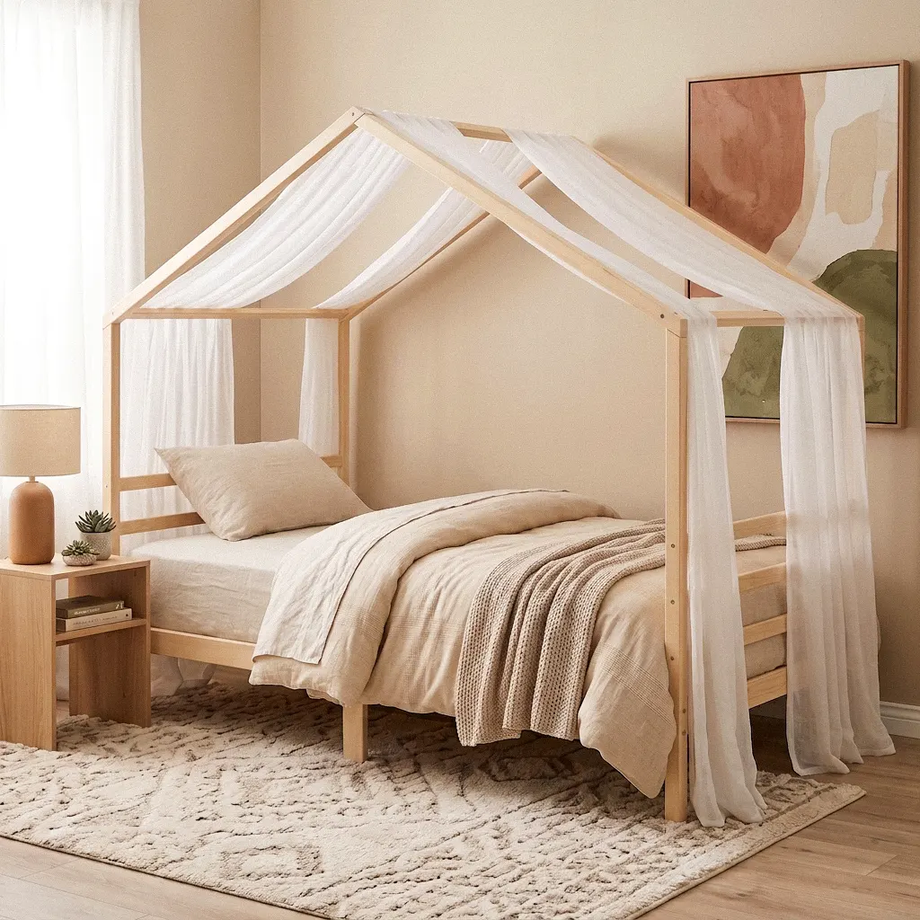 Kinderbed 90x200 bedhuisje in naturel massief grenenhout met wit hemeltje langs het dakframe, linnen beddengoed en wafelplaid in een Japandi-kinderkamer – houten peuterbed en tienerbed van Barin Toys