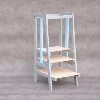 Leertoren Stripe grijs en babyblauw model van de merkwinkel Barin Toys - houten kinderopvang meubels voor peuters in de keuken.